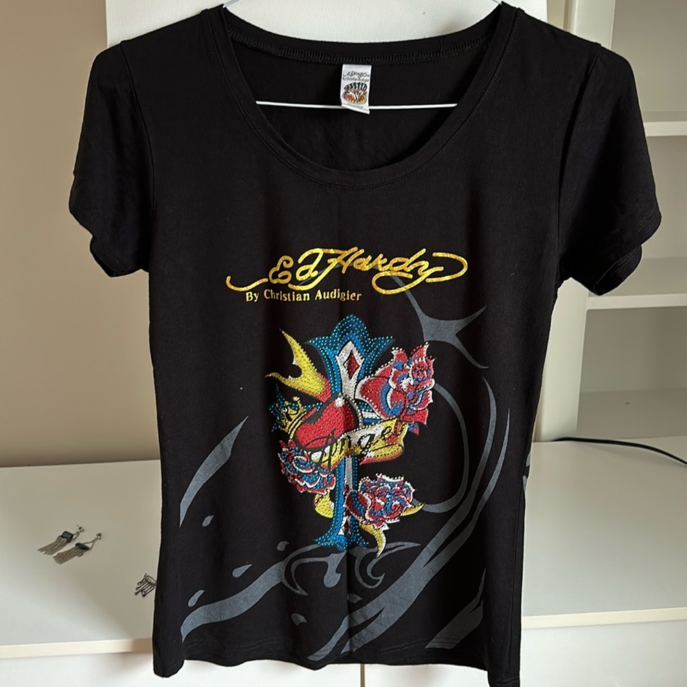 Ed Hardy by Christian Audigier Angel Rhinestones Women’s Short Sleeve Black tee